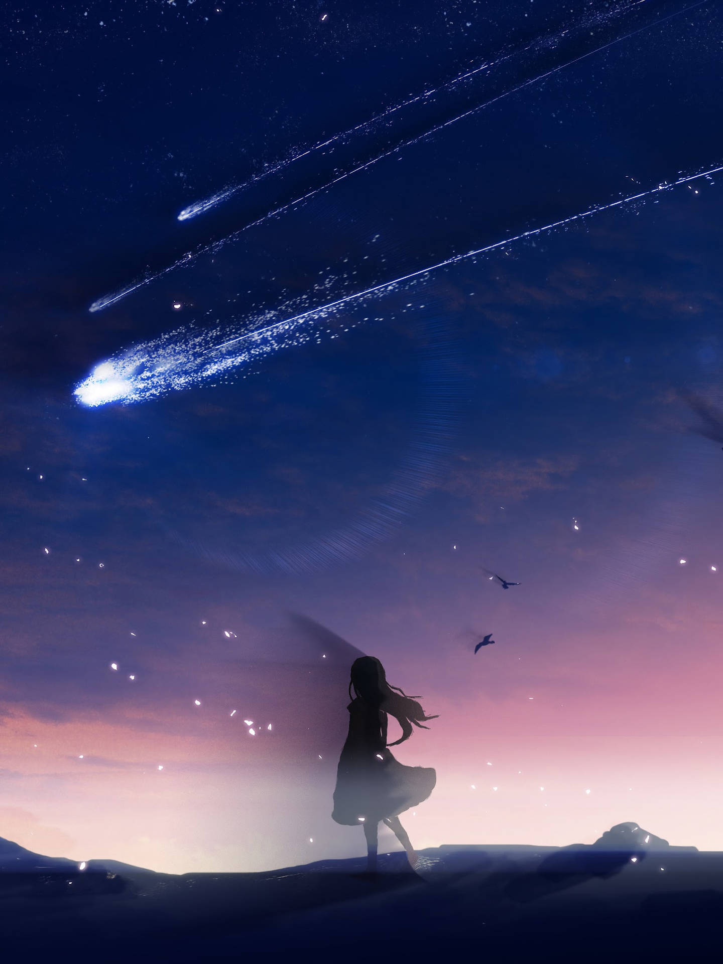 女孩在暮色天空中觀看流星墜落