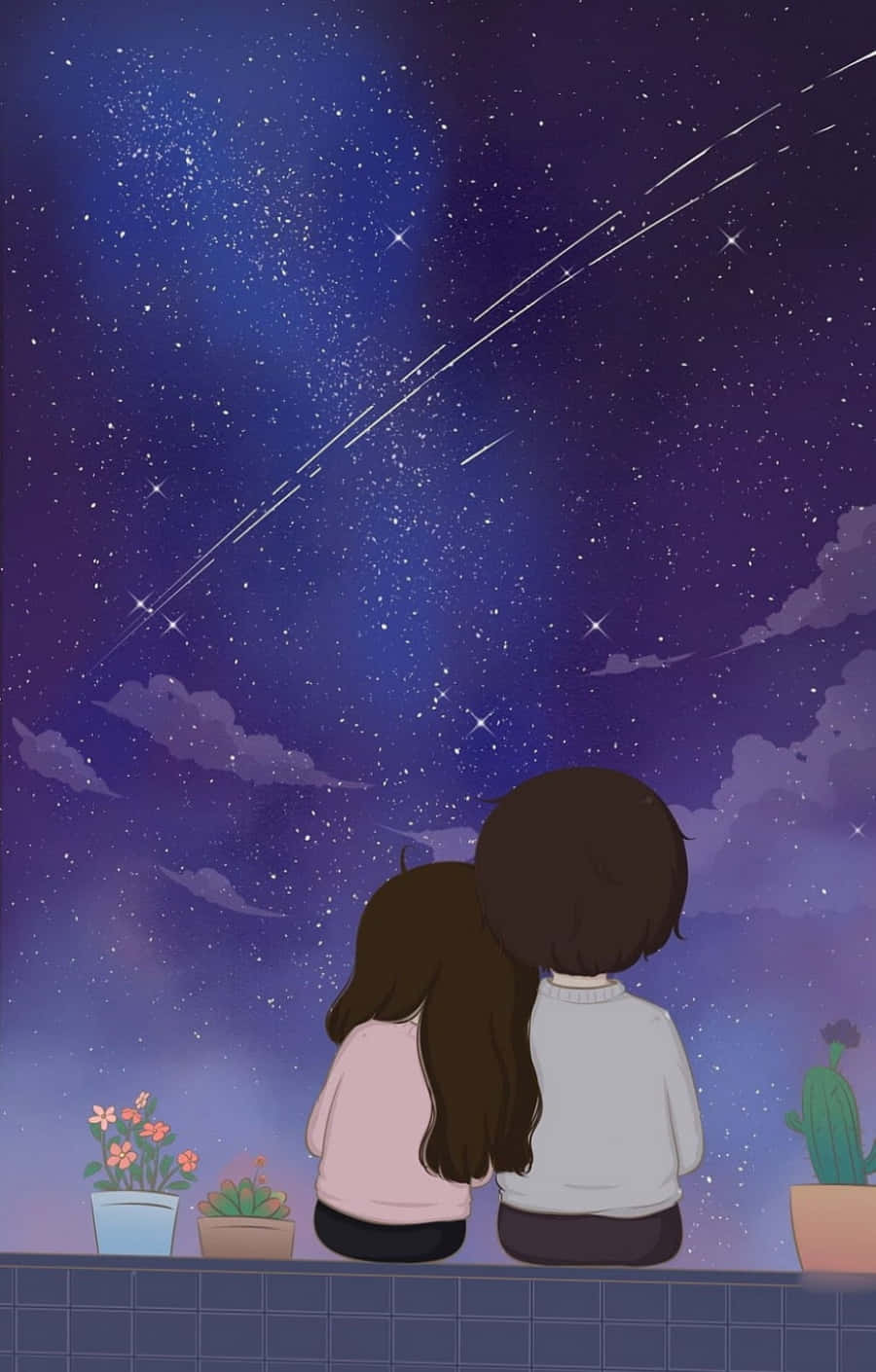 兩人在星空下觀看流星，旁邊有盆栽植物。