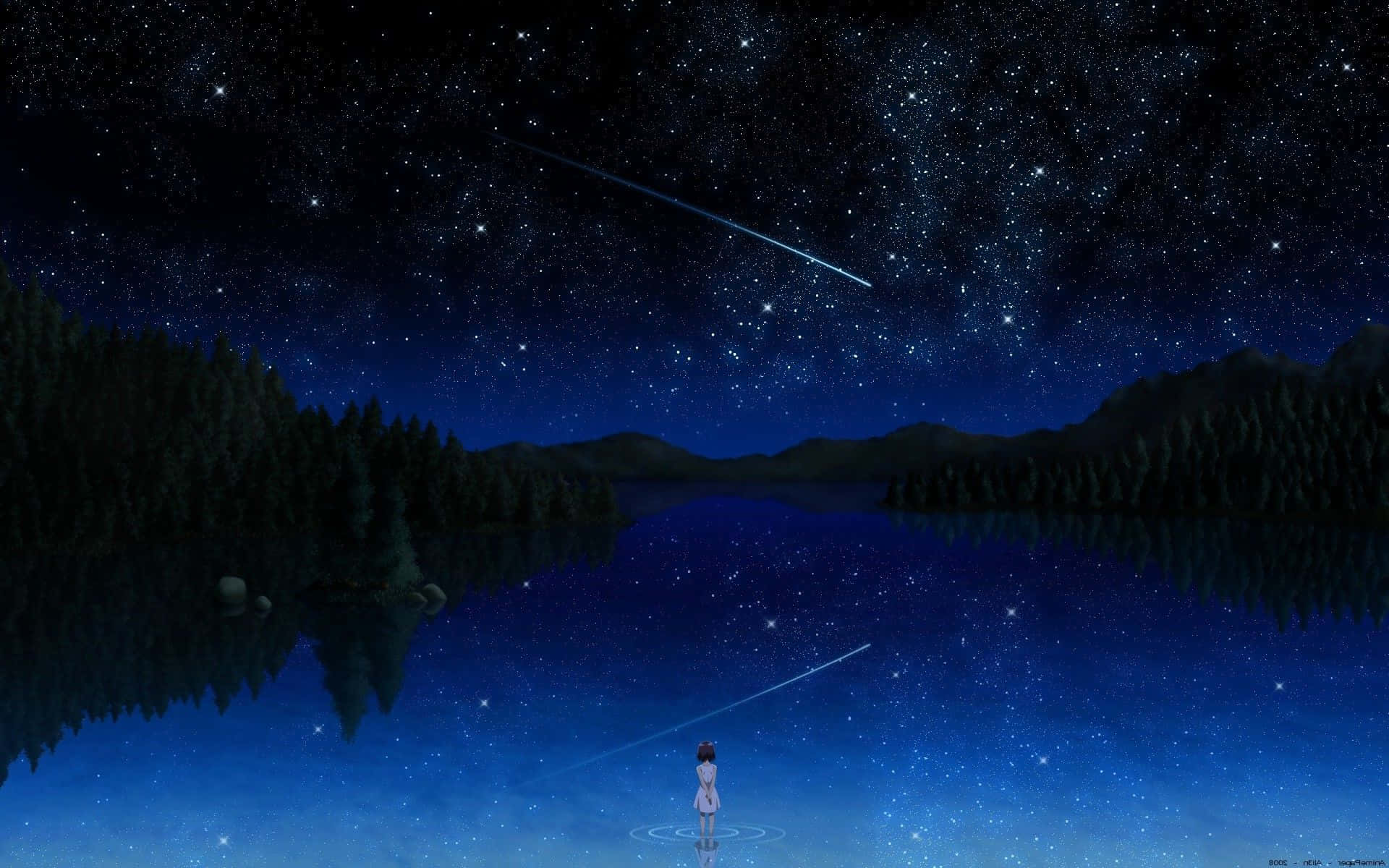 一個女孩凝視著流星劃過星光燦爛的湖面。