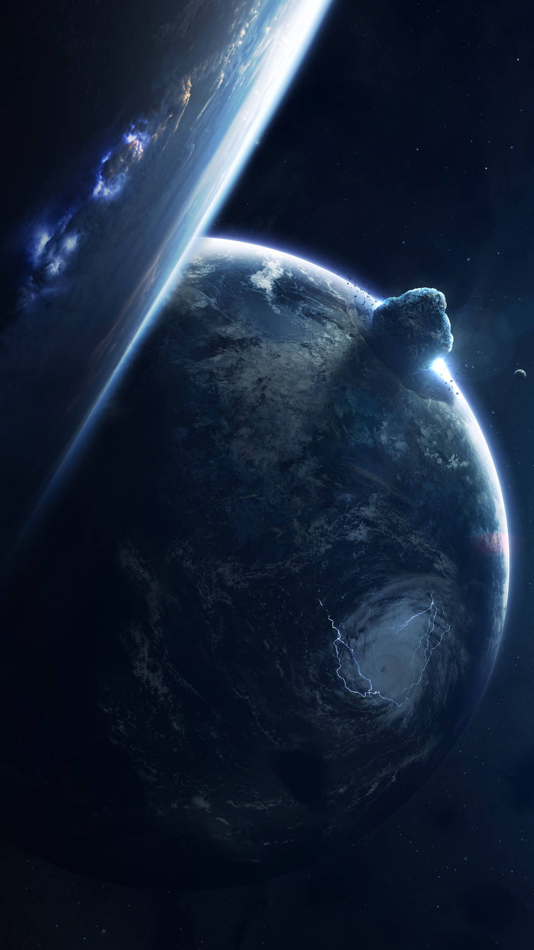 一顆裂開的行星，帶有閃電和接近的小行星。