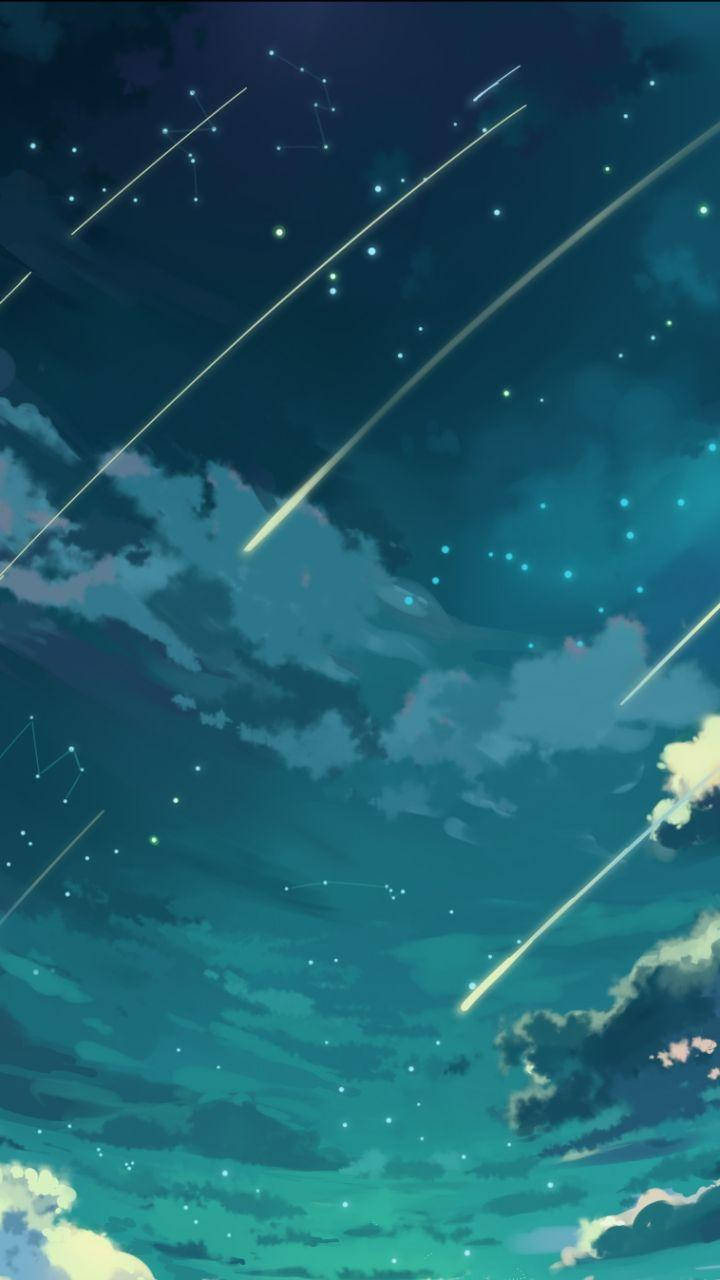 流星與星座 iPhone SE 壁紙 — 寧靜的夜空，充滿閃爍的流星和星座，在青綠色和紫色的雲層中飄移。