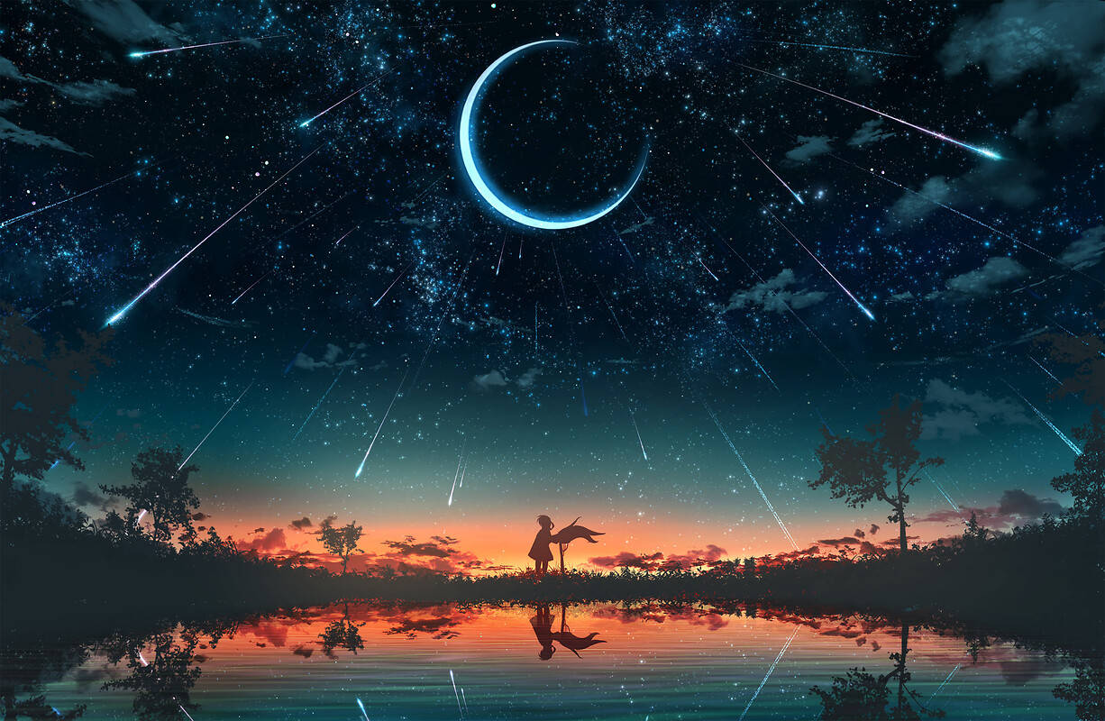 一個人的剪影在湖邊，星空下，有流星和新月。