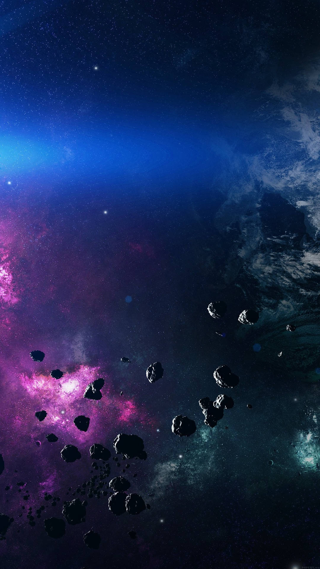 一個帶有紫色和藍色星雲及漂浮小行星的宇宙場景。