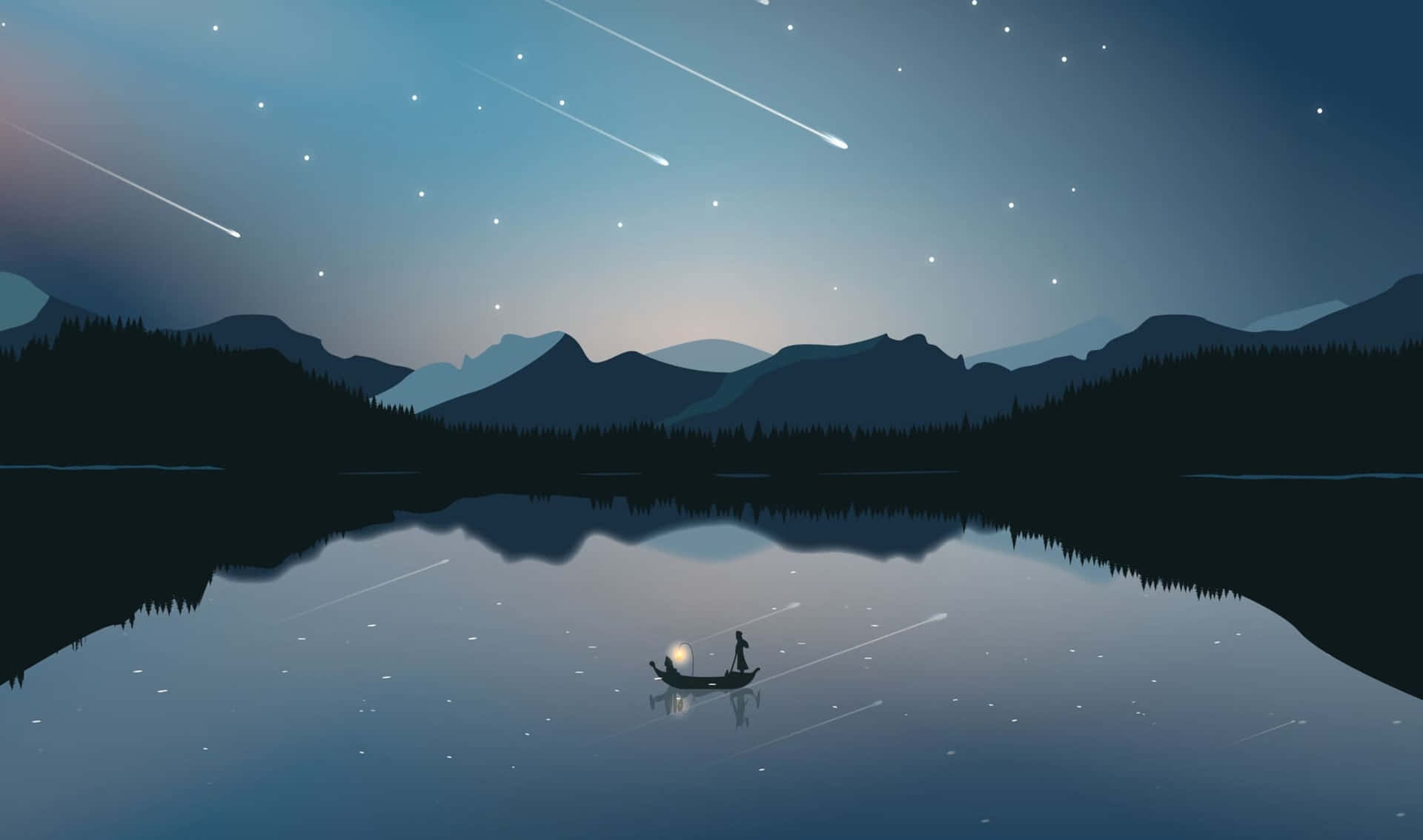星空湖上划獨木舟的人，山巒倒影和流星。