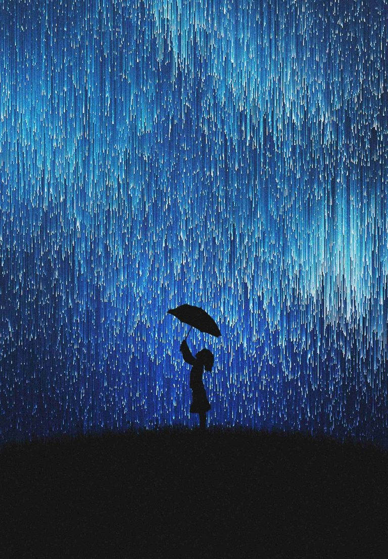 在藍色數碼雨效果下撐傘的人的剪影。