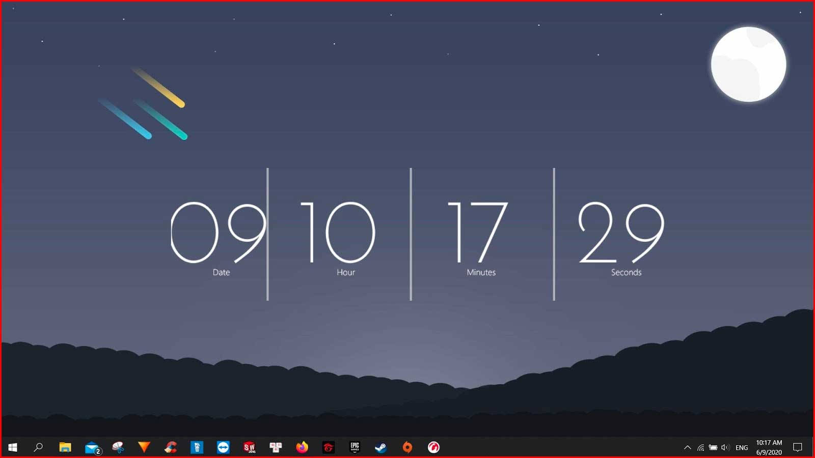 數位時鐘顯示日期時間，背景為夜空，有月亮和風格化條紋在山丘上方。
