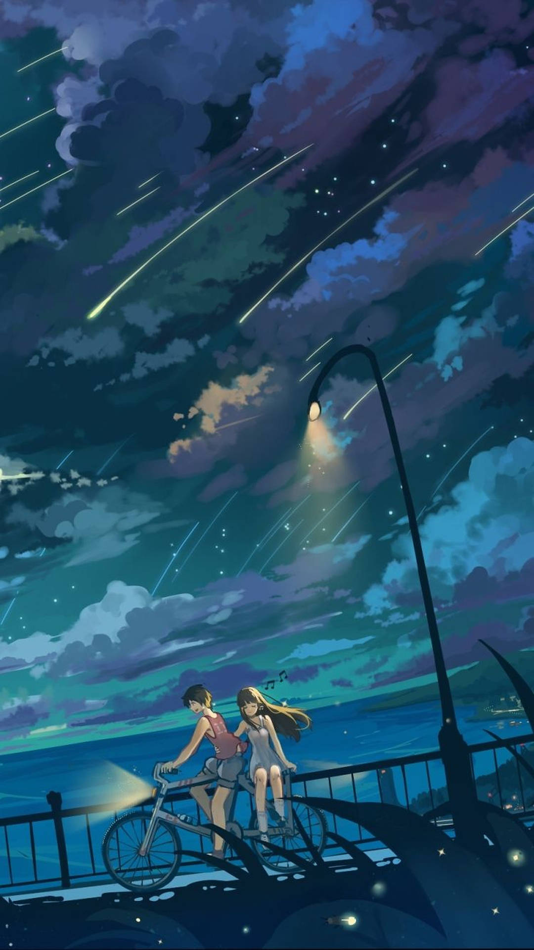 兩個青少年在滿是流星和發光雲朵的天空下騎自行車。