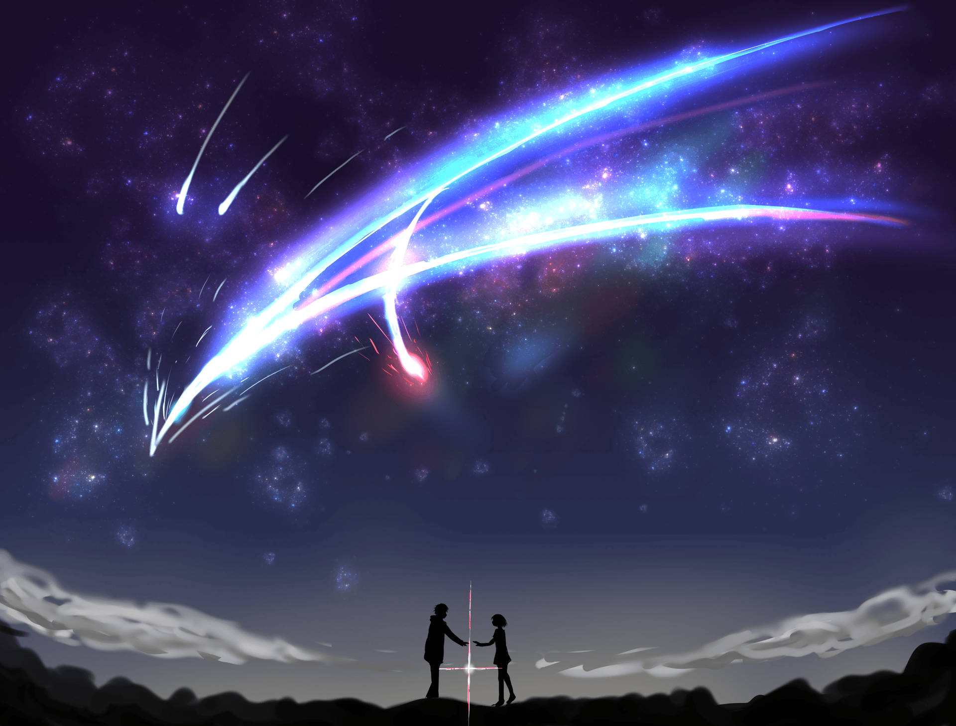 兩人在繁星點點的夜空下，於宇宙龍下方牽手。
