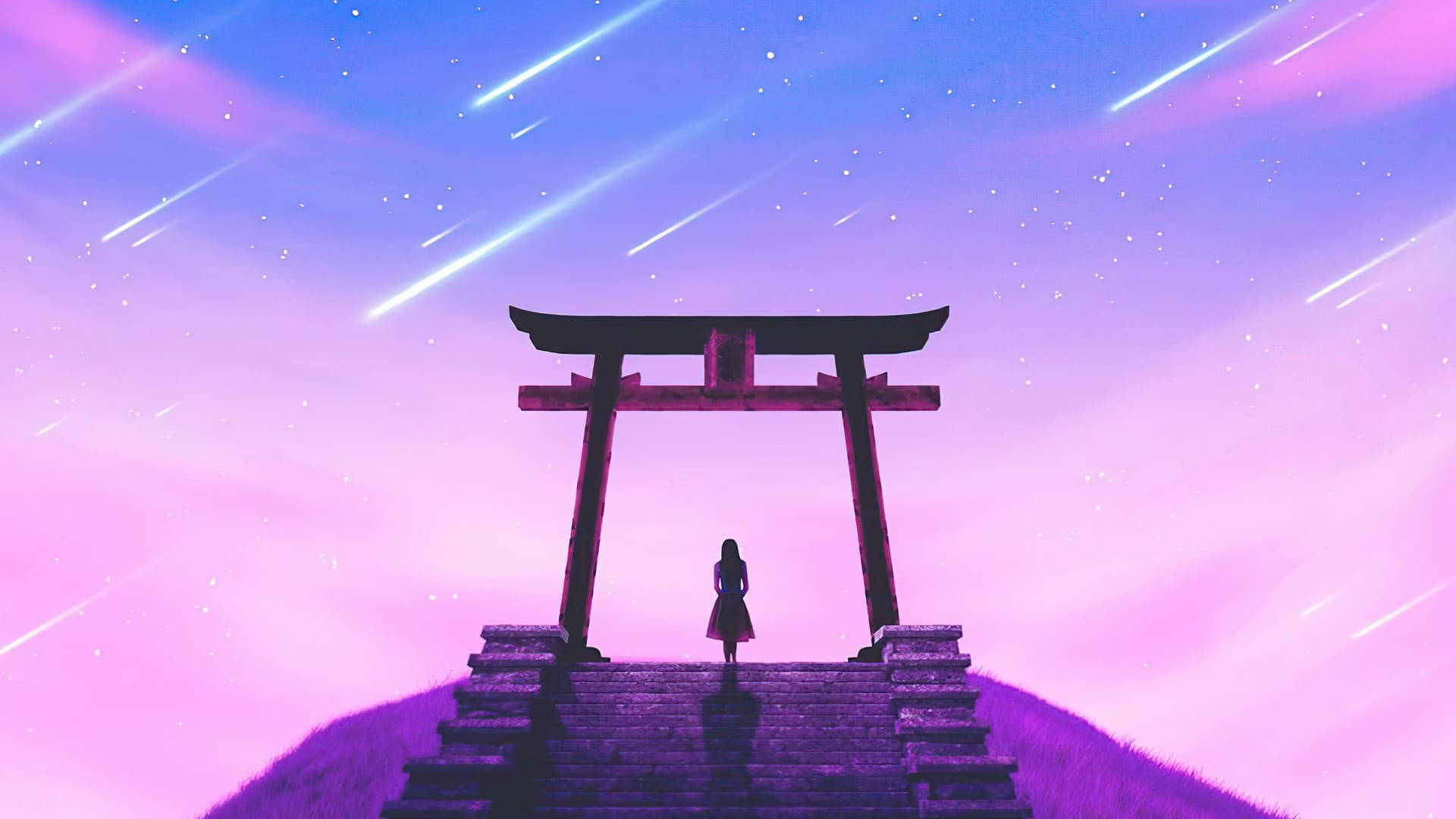 一個人站在鳥居下的剪影，流星在紫色天空中墜落。 — 美學筆電 壁紙