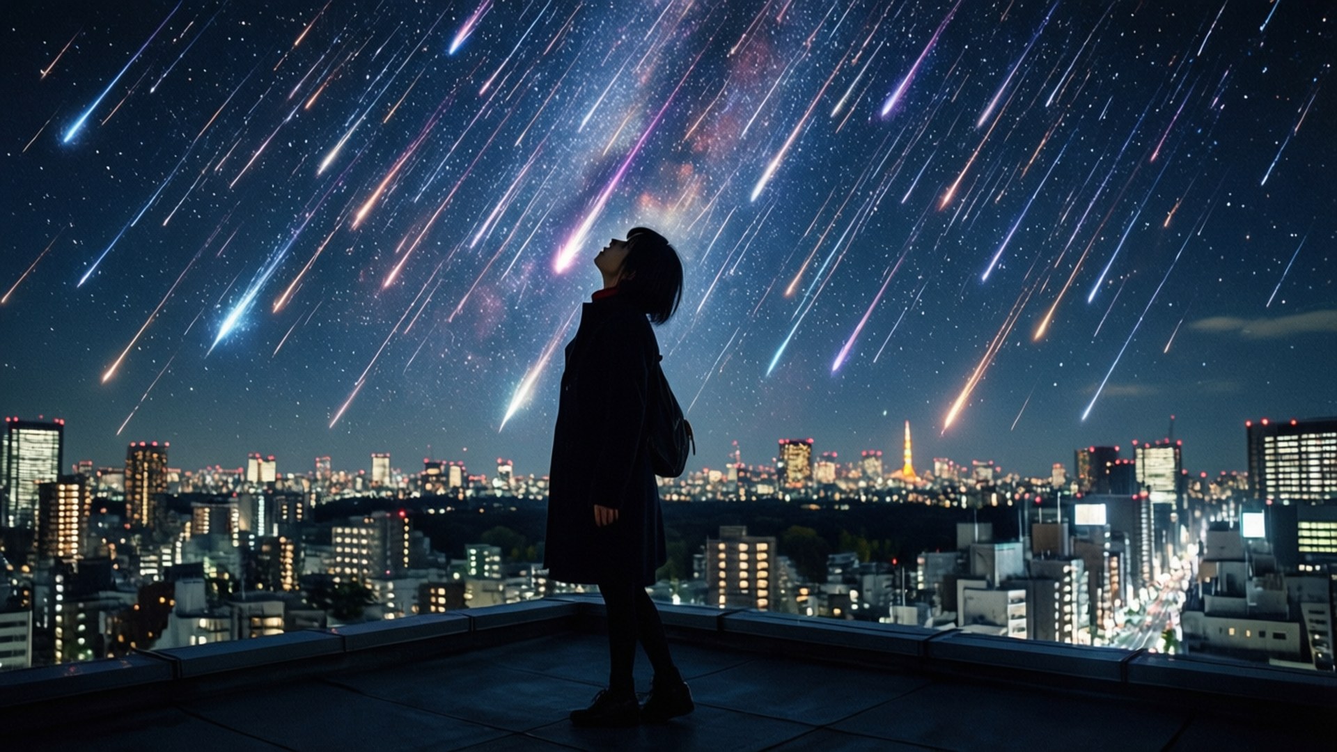 夜晚，屋頂上的人觀看彩色流星雨掠過燈火通明的城市上空