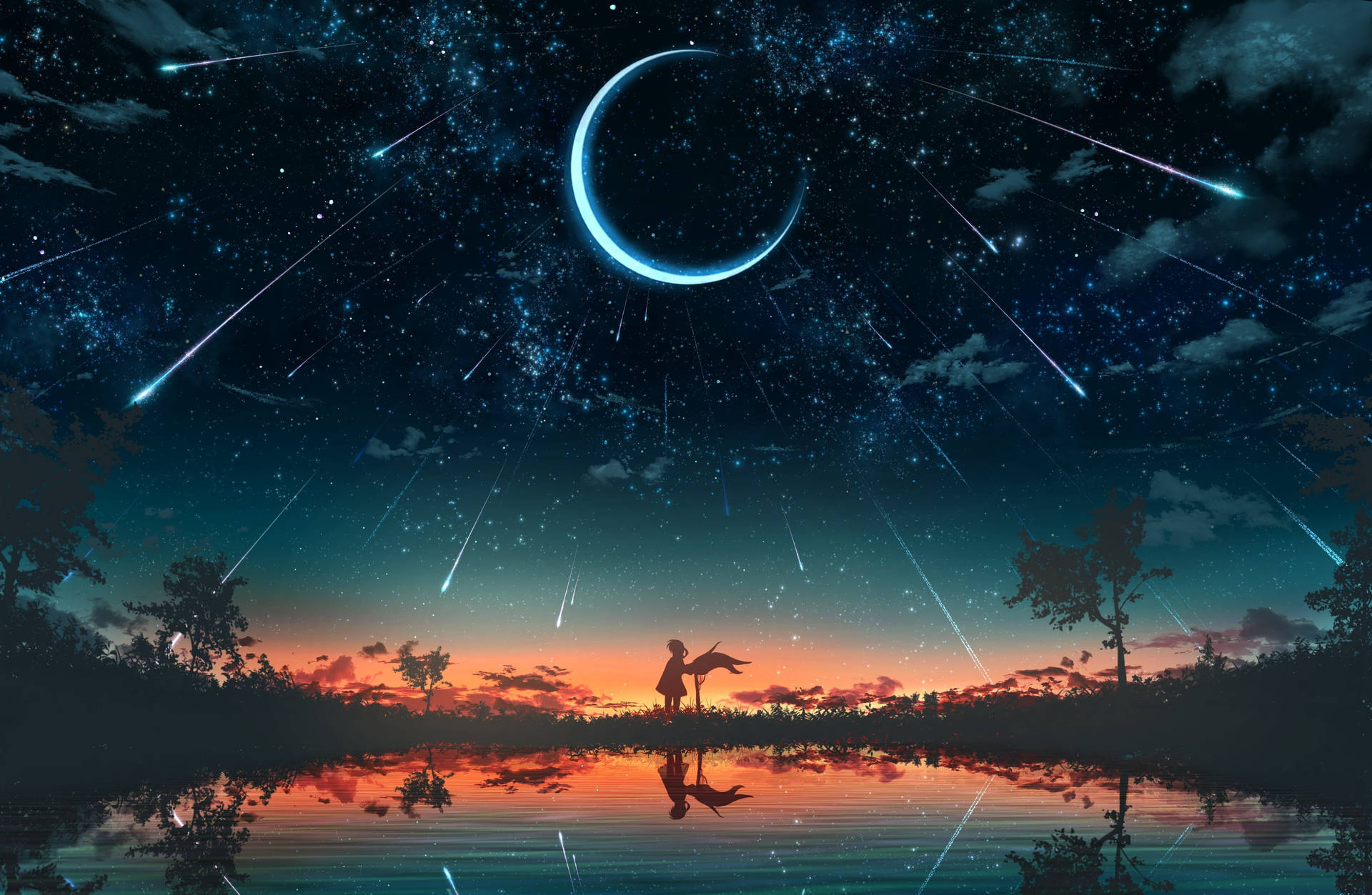 一個人在湖邊的剪影，背景是滿天星斗、流星和彎月的夜空。