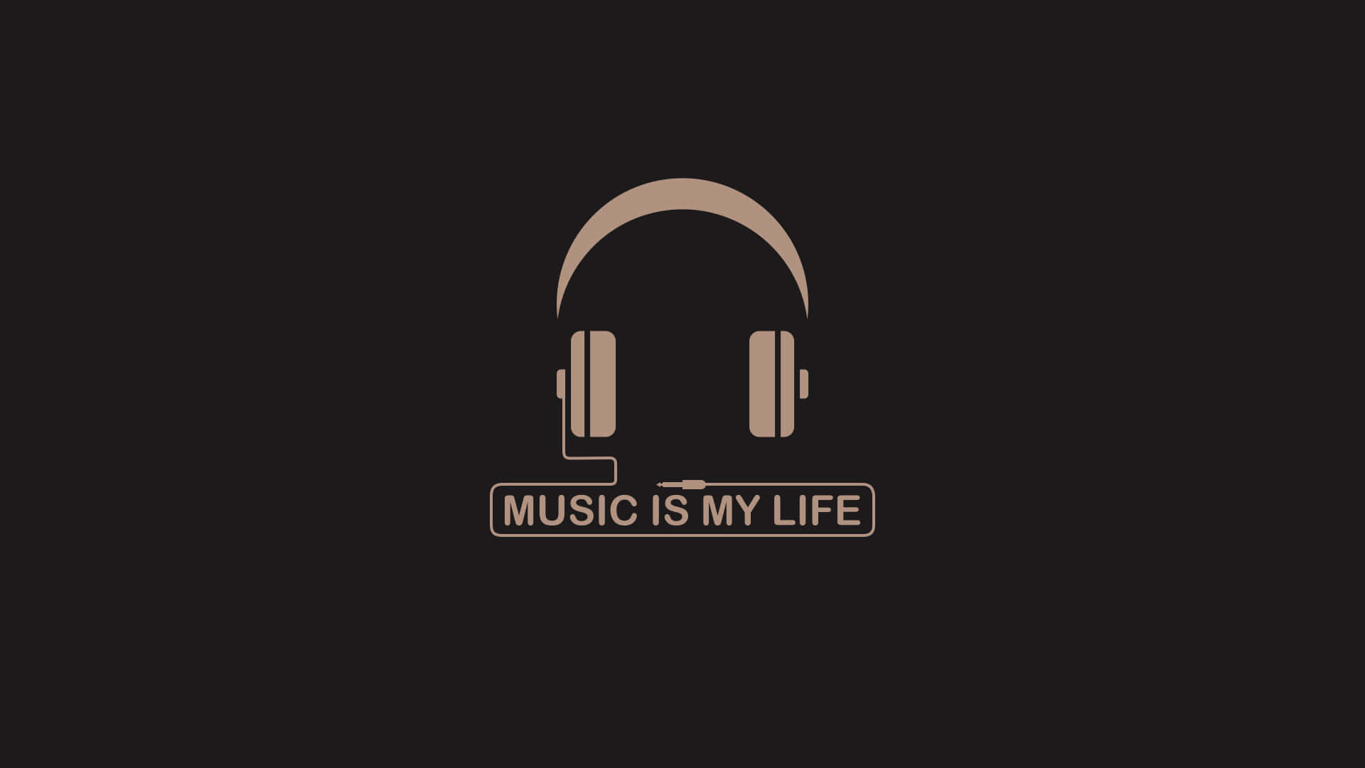 米色耳機圖標，帶有文字 music is my life，位於深色背景上。