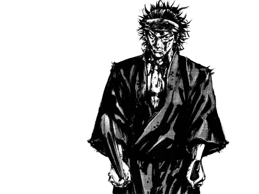 一個血跡斑斑的武士戰士，身穿傳統長袍，手持劍，表情兇猛。