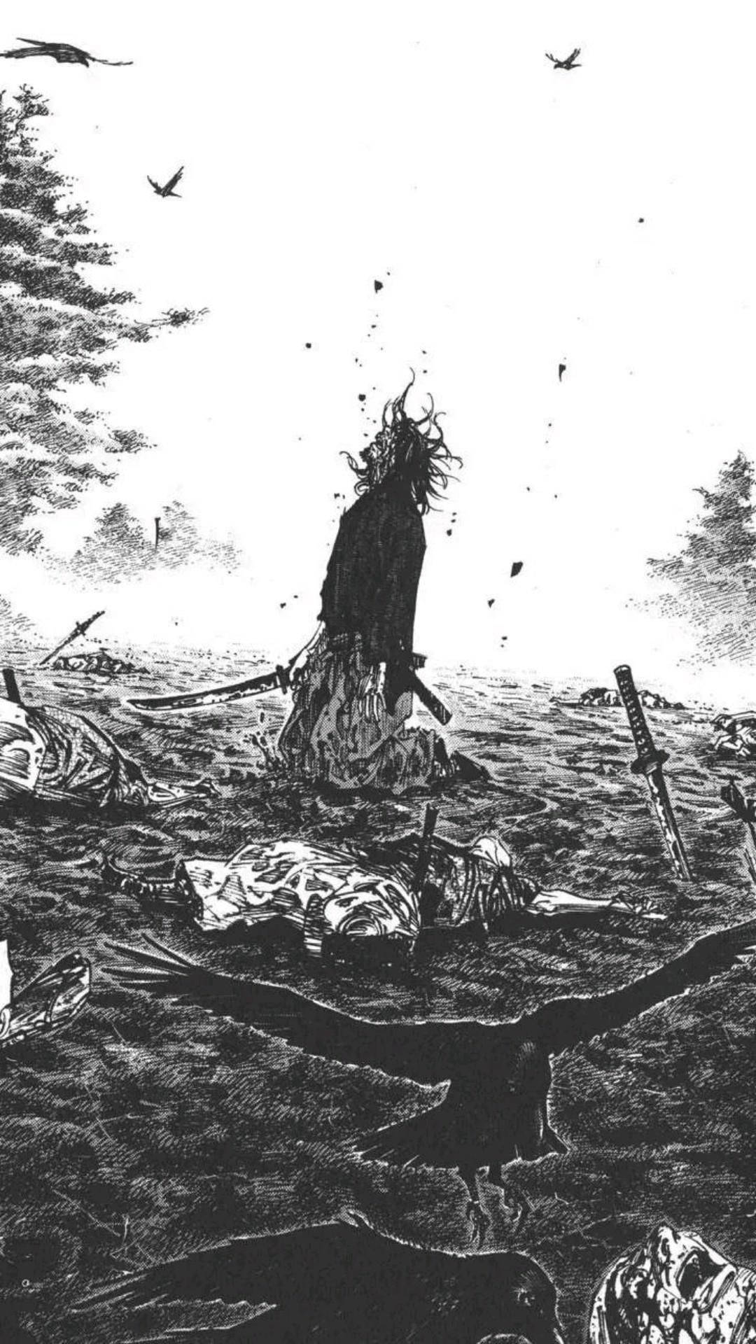 武士戰士站在森林戰場上倒下的敵人之上。