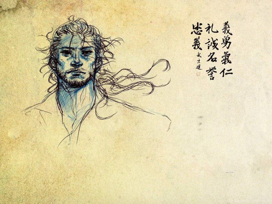 一幅男子肖像，頭髮飄逸，帶有藍色陰影，背景是帶有漢字的羊皮紙。