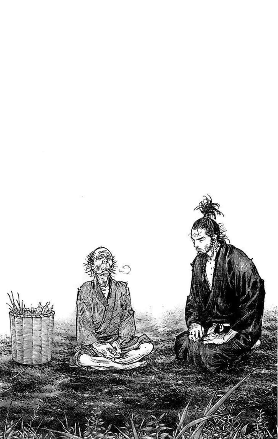 《流浪者》漫畫冥想場景 壁紙 — 兩名武士盤腿坐在草地上，旁邊有一個竹籃，一人抽著煙斗，另一人在靜默中觀望。