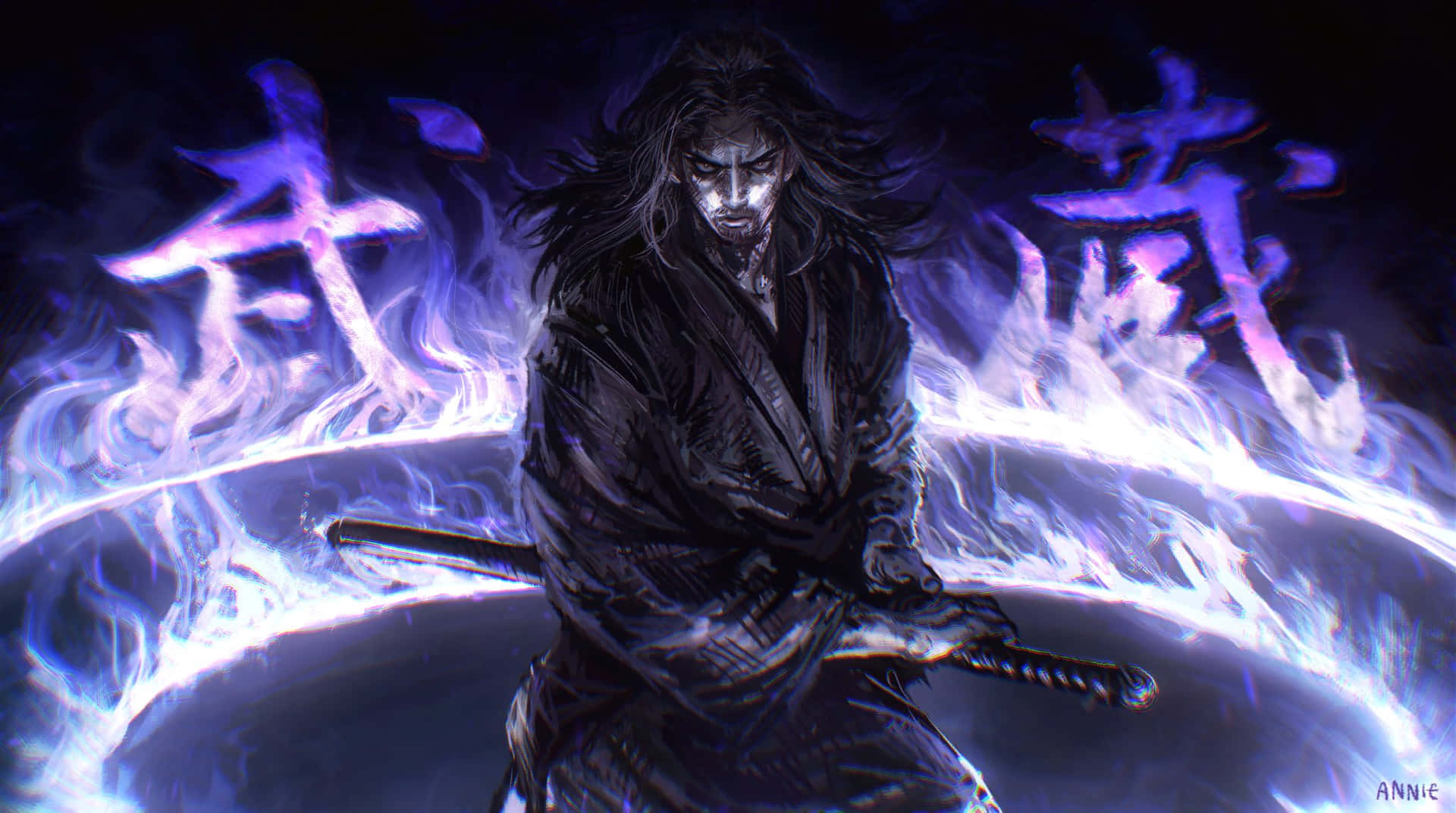 《流浪者》漫畫武士烈焰 壁紙 — 一位黑髮武士身穿黑色盔甲，手持武士刀，周圍環繞著發光的紫色和藍色能量漩渦以及日本漢字。