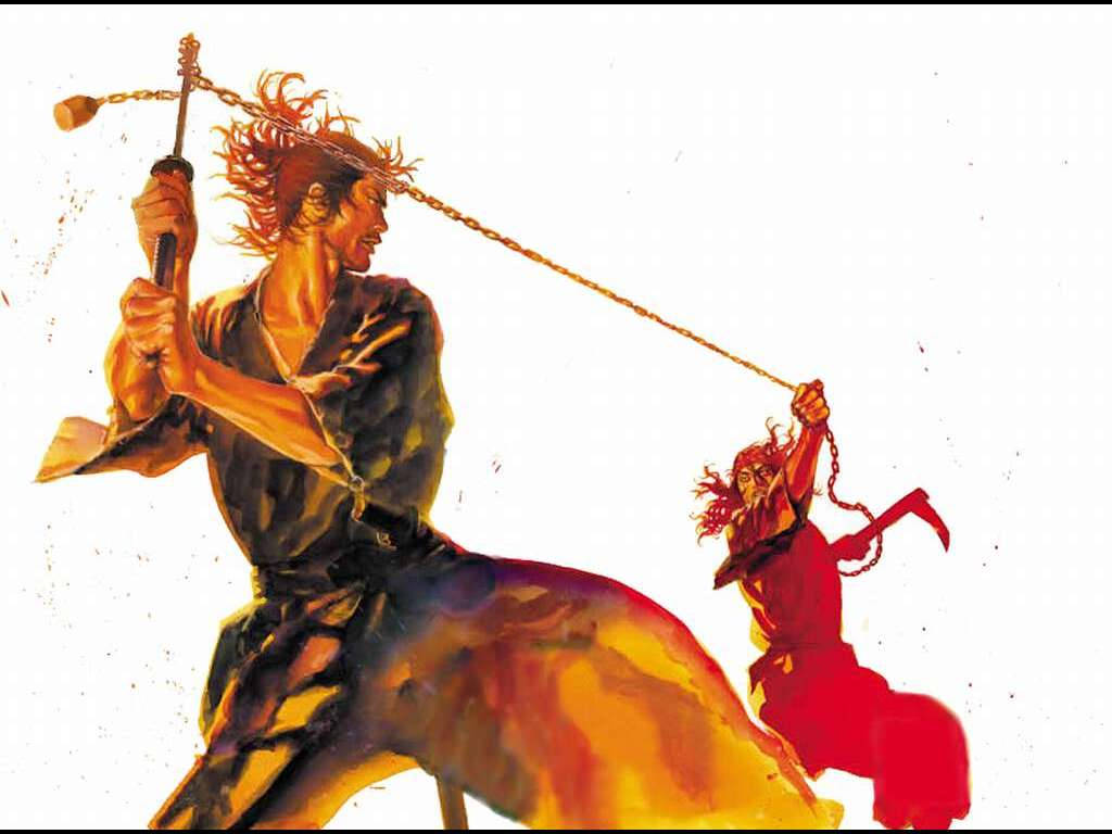 兩名戰士以熾熱的動作進行鏈條武器決鬥。