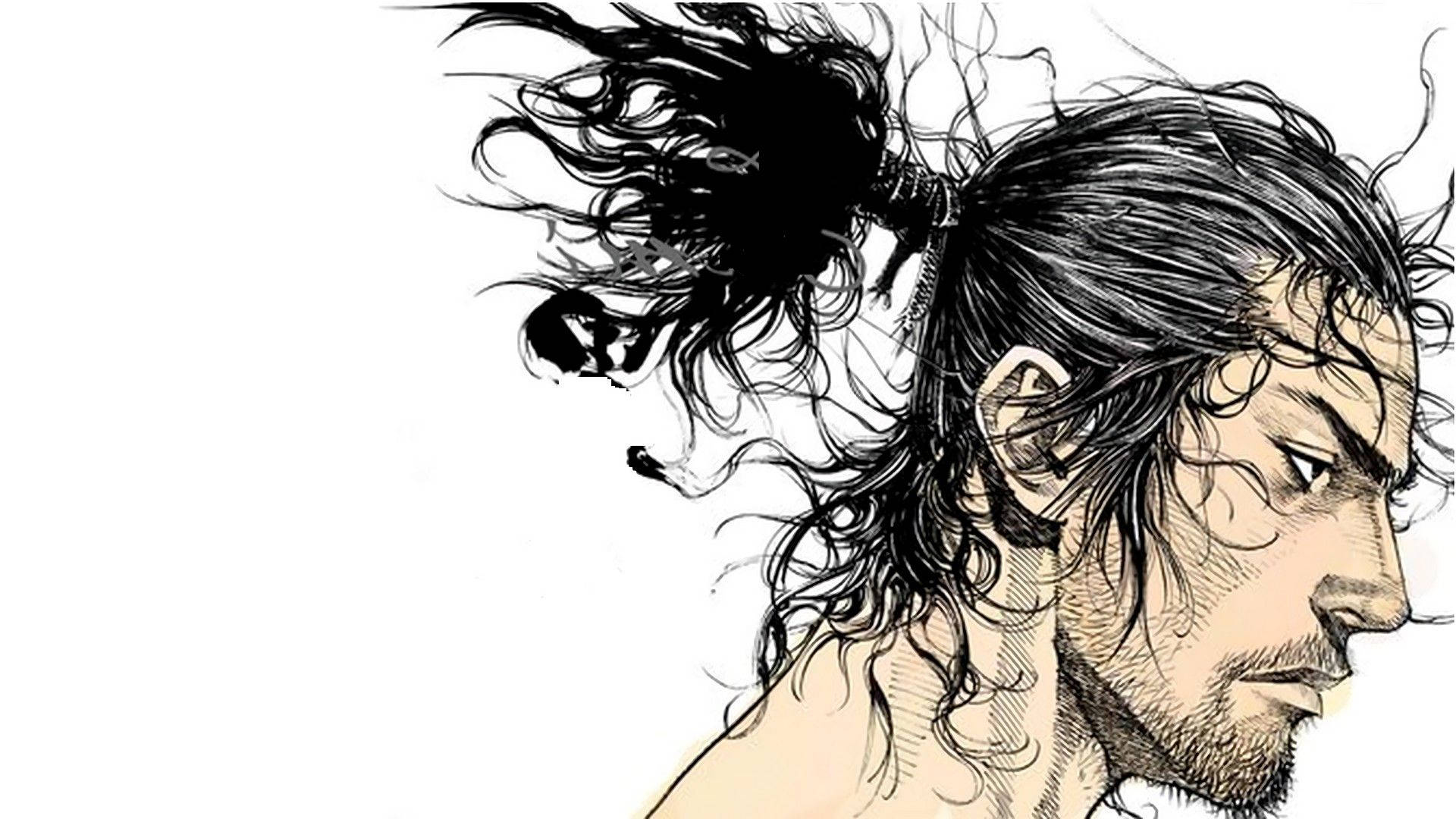 動漫戰士，狂野黑髮，側面表情強烈。