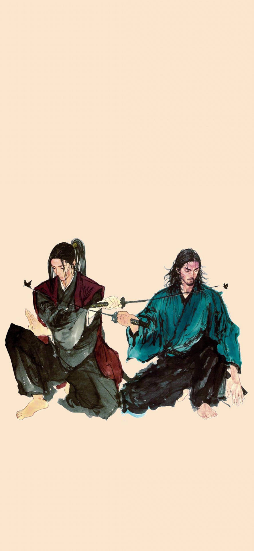 兩位身穿傳統長袍的武士正在進行劍術對決。
