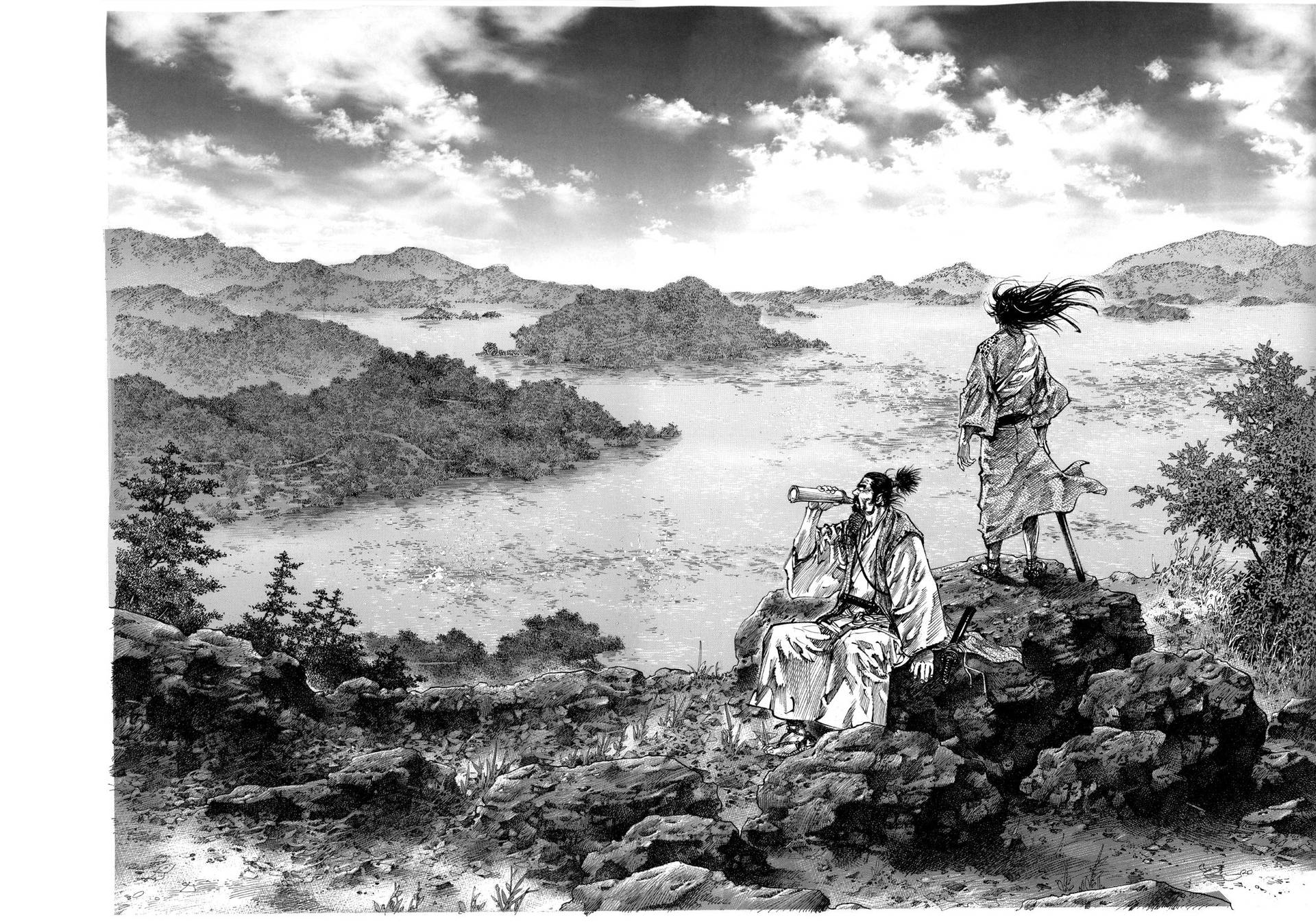 兩個身穿長袍的動漫角色從懸崖上俯瞰湖泊和山脈。