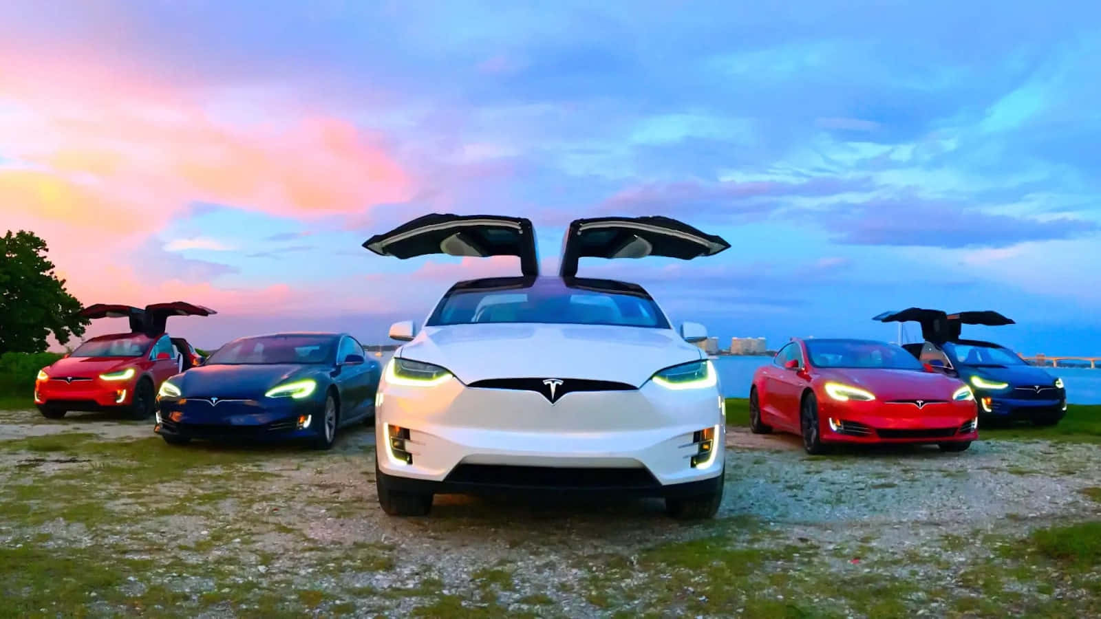 流線型Tesla Model X在夜空背景下拍攝 壁紙