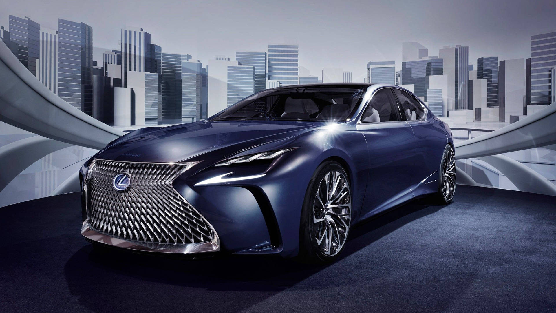 一輛藍色Lexus轎車在未來城市環境中，帶有弧形建築。