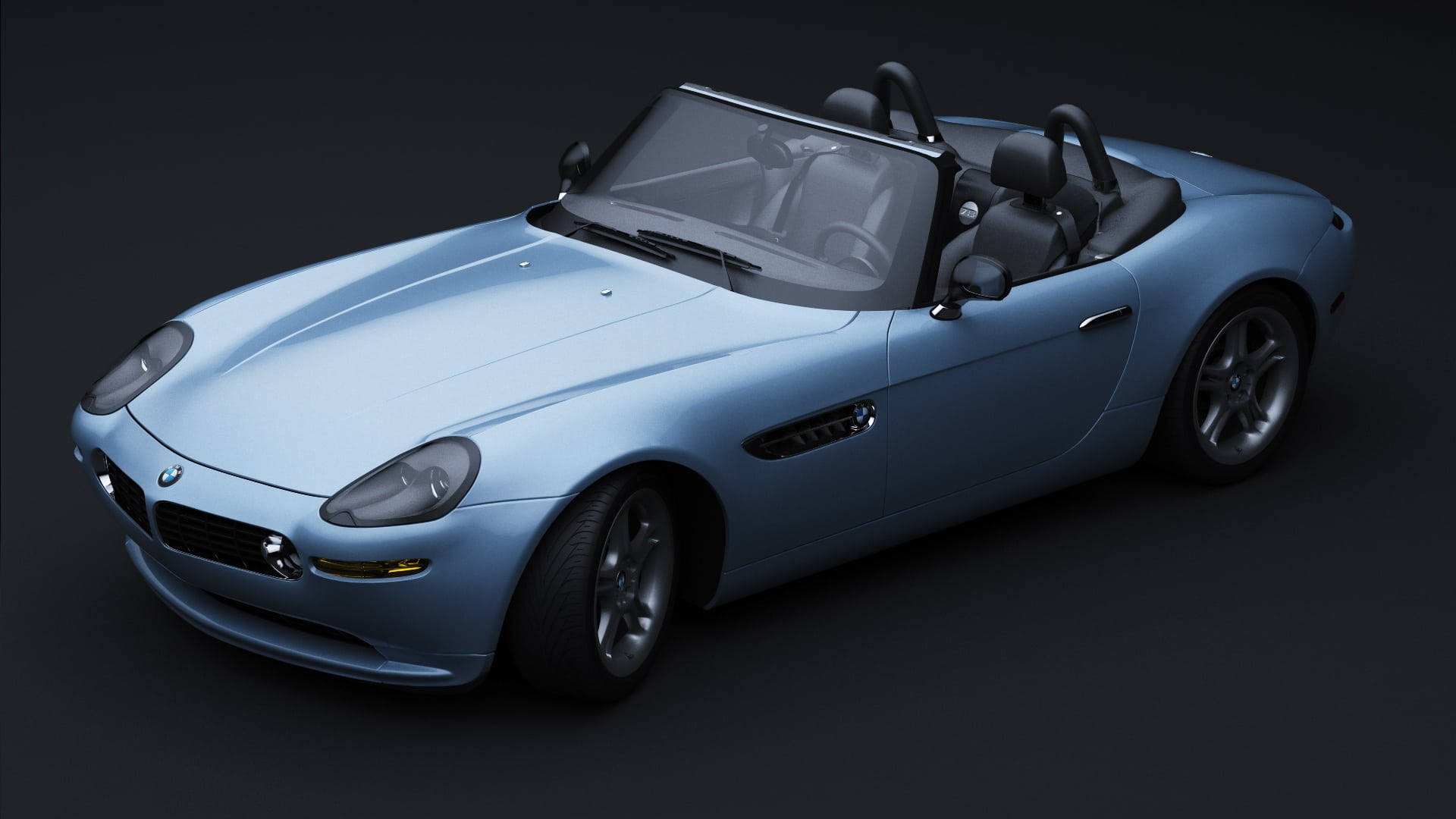 淺藍色BMW Z8開篷跑車，黑色內飾，深色背景。