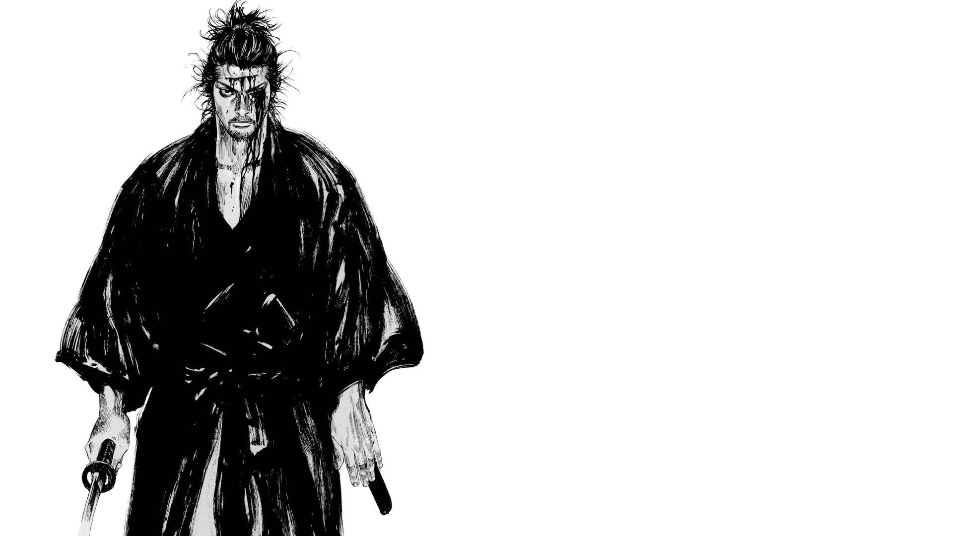 身穿黑色長袍的武士在白色背景上持劍。