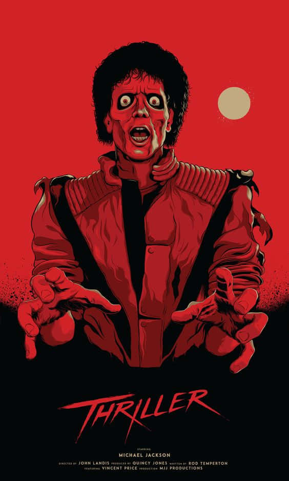 米高積遜以《Thriller》姿勢，搭配紅色燈光與蒼白月亮。