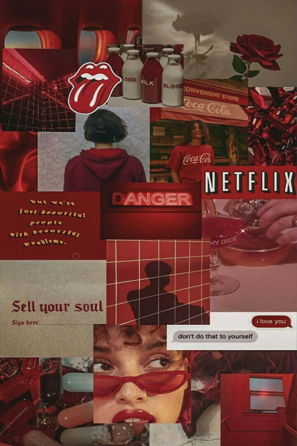 紅色主題流行文化拼貼畫，包含滾石樂隊、Netflix、可口可樂和文字引用。