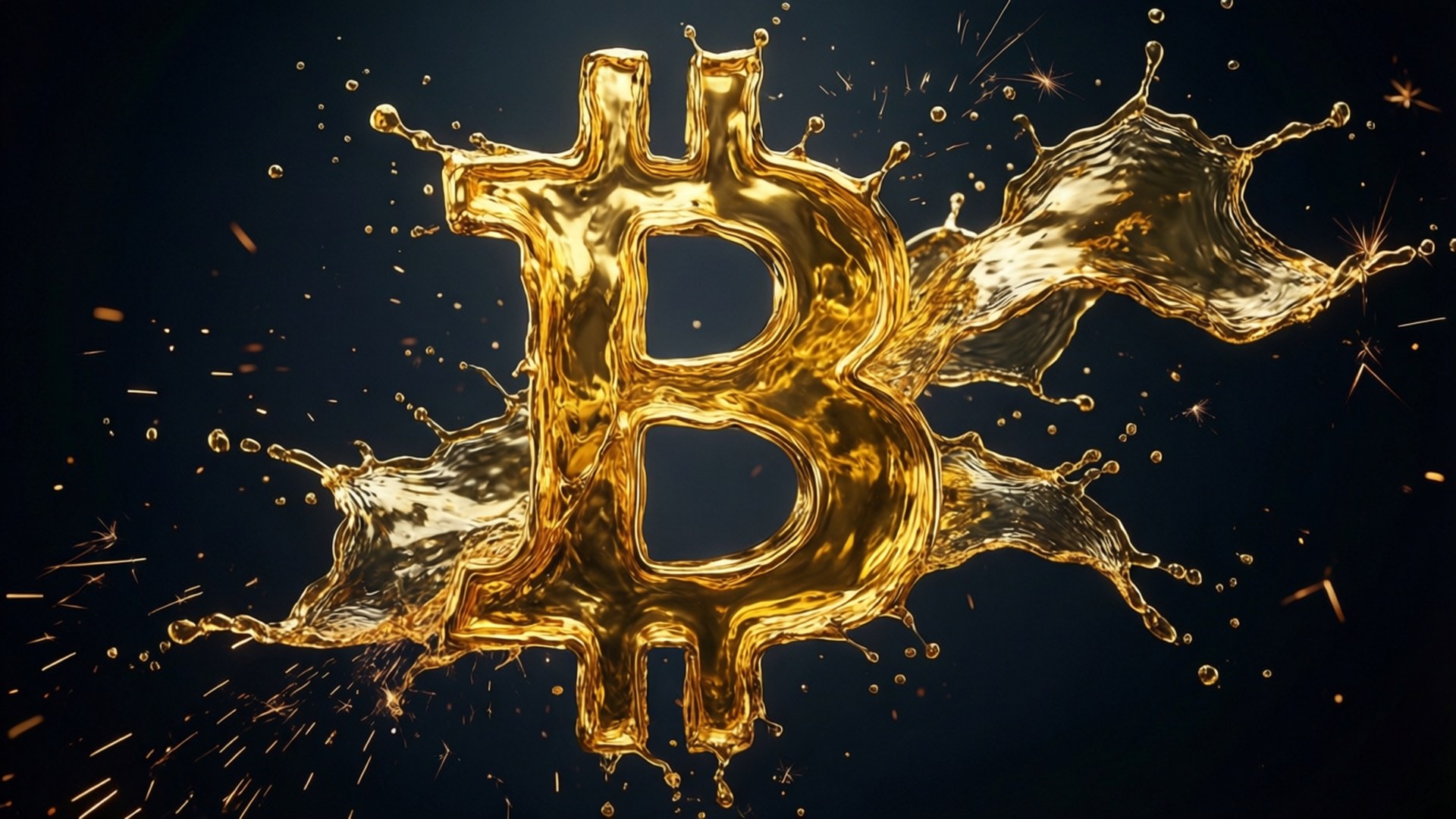 流金比特幣飛濺 壁紙 — 一個動態的金色比特幣符號，像液態金屬一樣在黑暗背景上飛濺，帶有發光的火花。