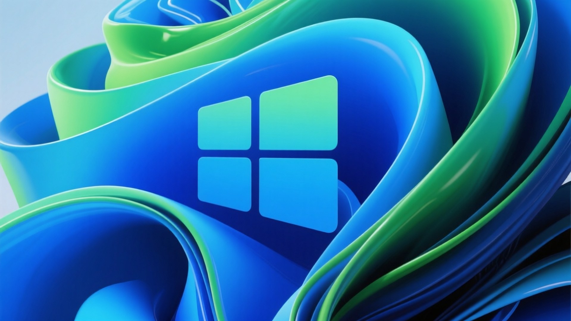 Windows 標誌居中於流動的藍色和綠色數碼漩渦中