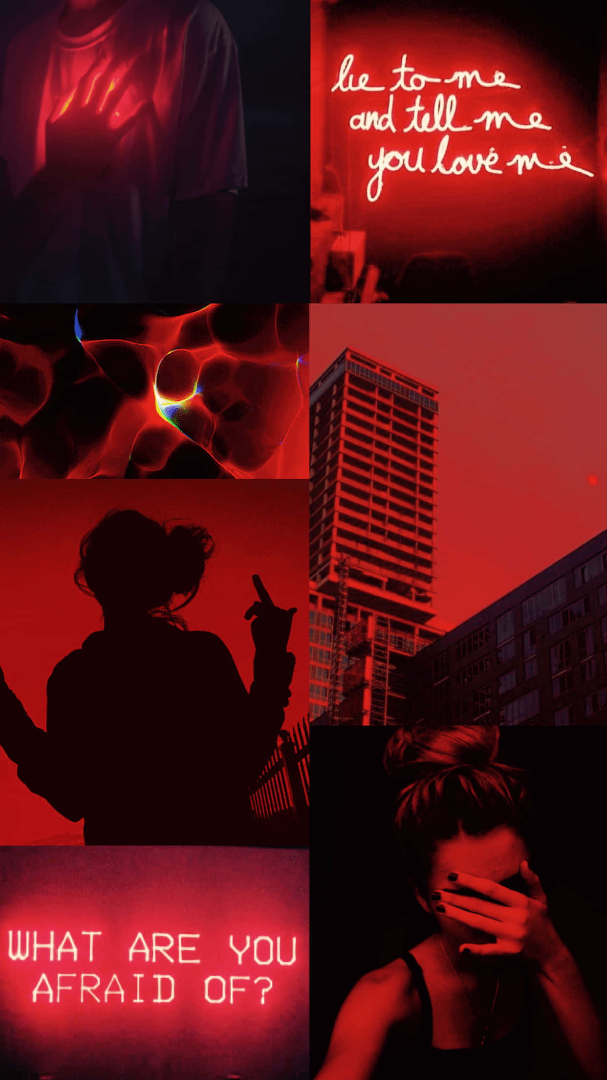 流體藝術 Crimson 韻律 - 紅色美學的極致呈現 壁紙 — 一幅紅色調的拼貼畫，包含剪影、文字、發光的霓虹短語和抽象形狀，喚起情感強度。