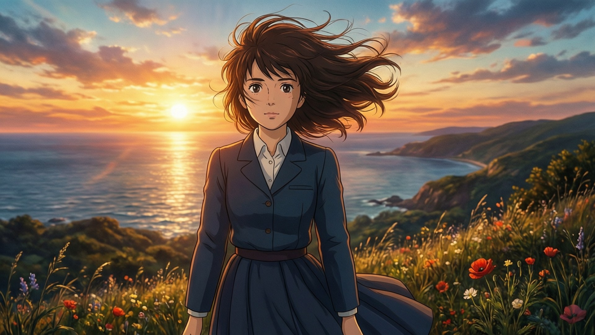 動漫女孩穿著校服站在夕陽海邊的野花中。