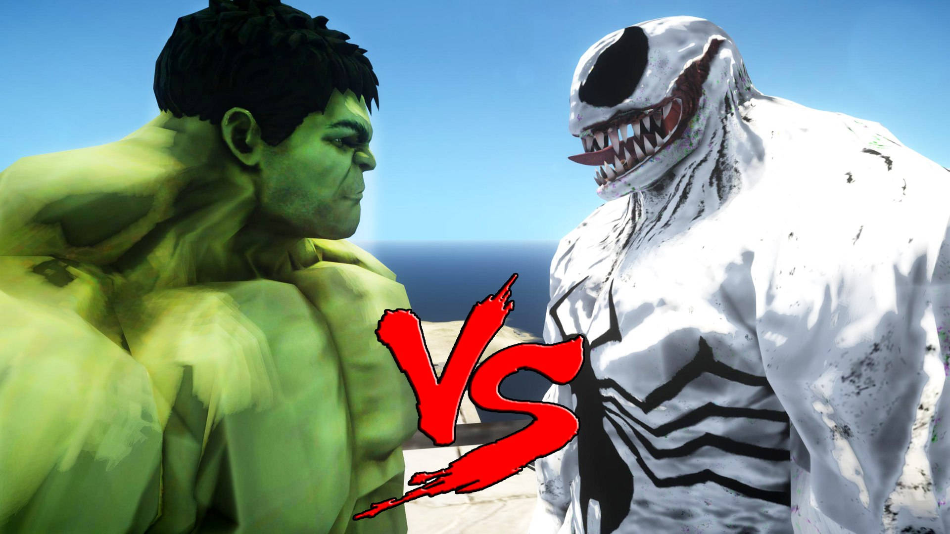 浩克與反毒液對峙 壁紙 — Hulk 和 Venom 在晴朗的藍天下以醒目的紅色 VS 圖形進行戲劇性的數碼戰鬥場景。