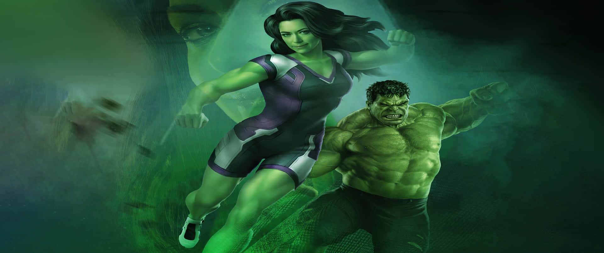 She-Hulk 和 Hulk 在綠色霧氣背景前擺出動作姿勢，背景中有一張模糊的臉。