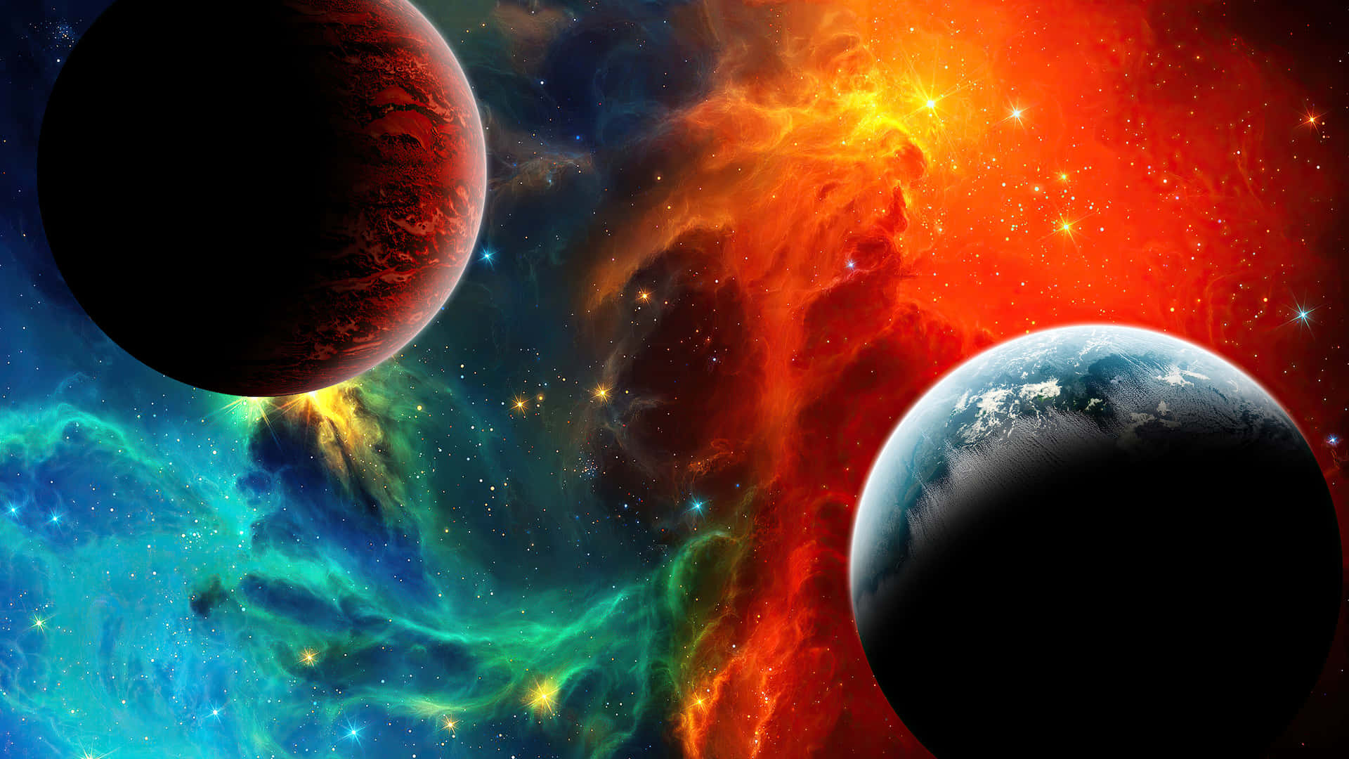 兩顆行星繞著一個充滿星星的彩色星雲運行。