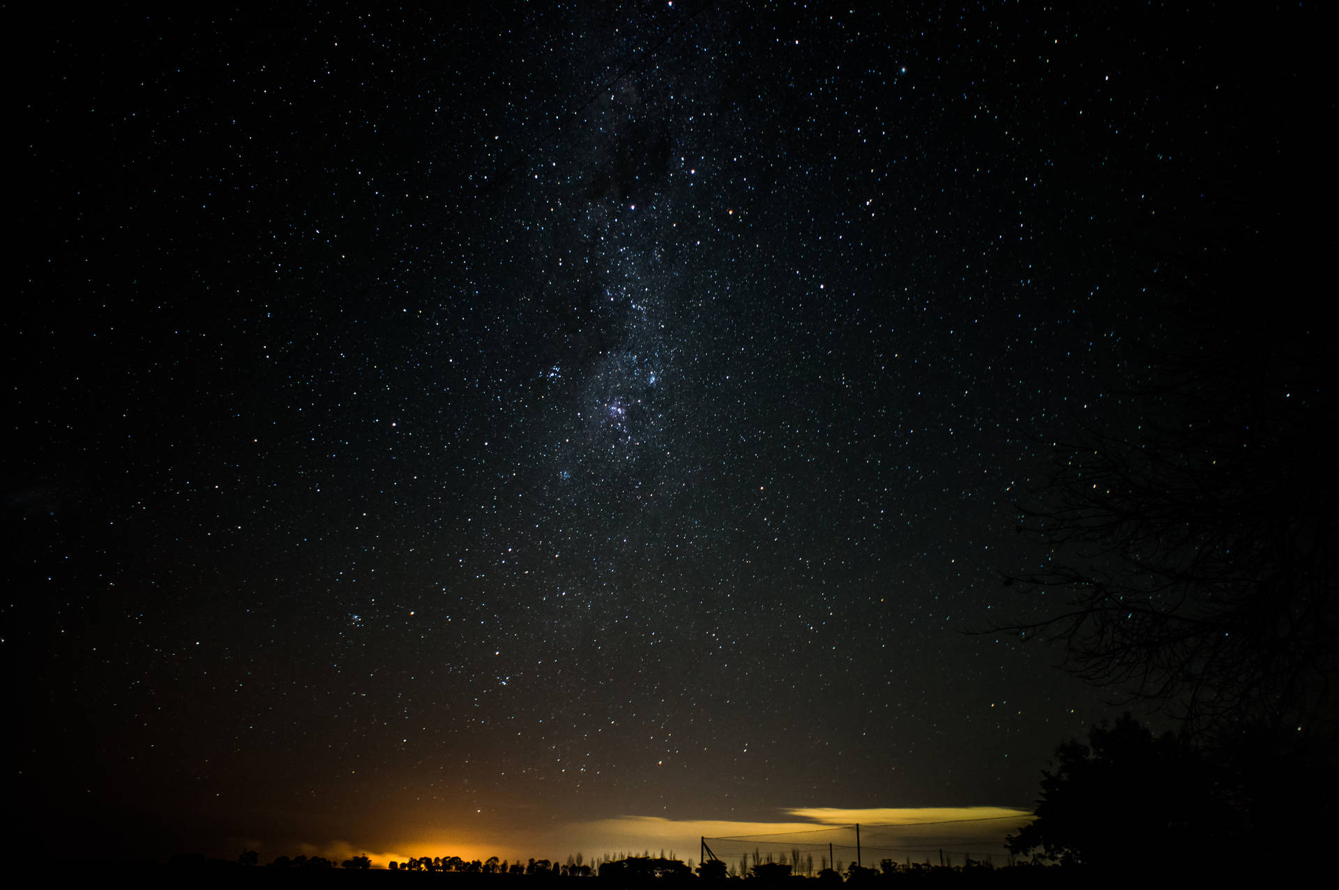 星空夜空，銀河在樹木剪影和遙遠的地平線光芒之上。