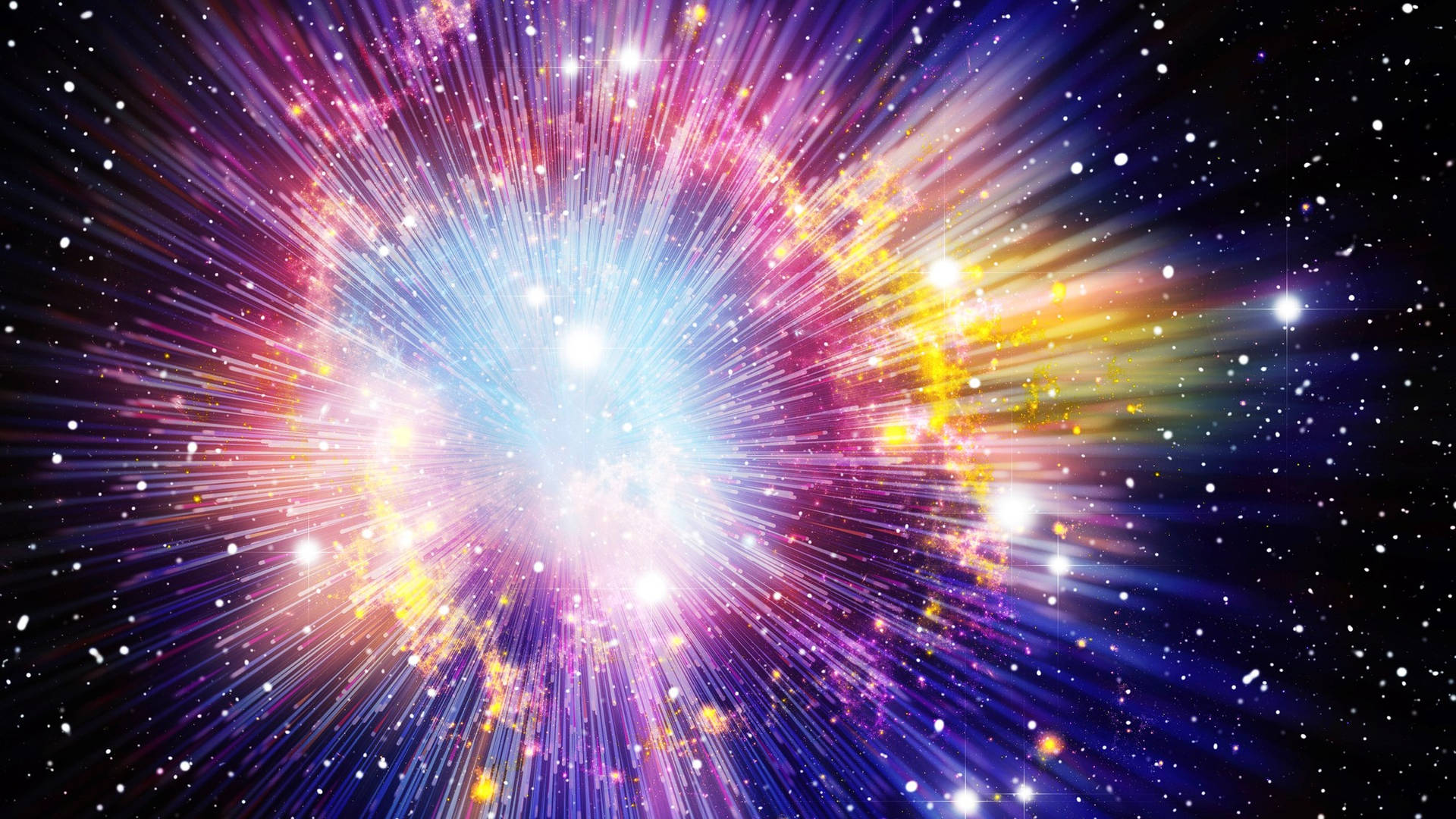 在深空中，充滿活力的宇宙爆炸伴隨著耀眼的光束和星星。