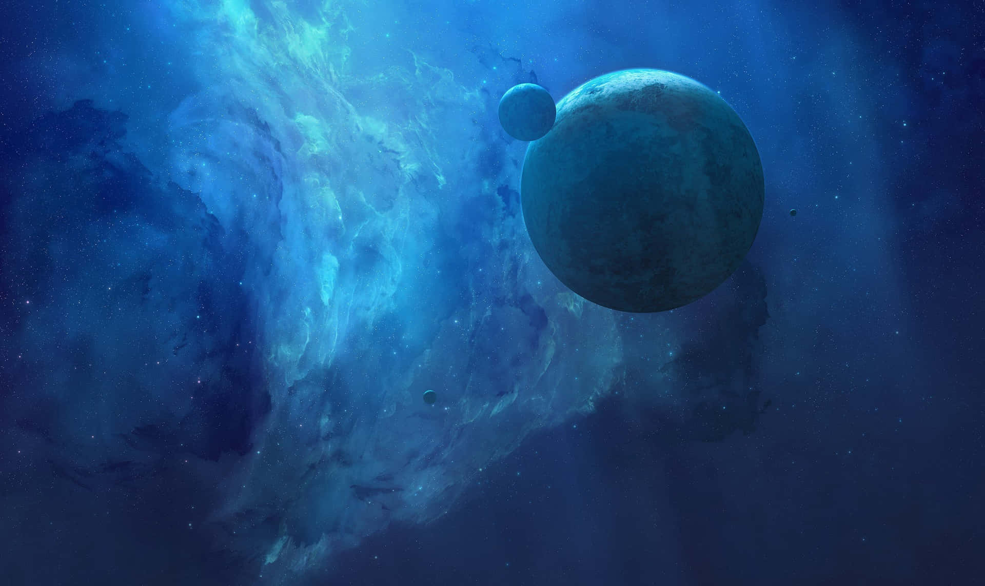 一顆藍色行星和月球漂浮在發光的宇宙星雲中，伴隨著星星。