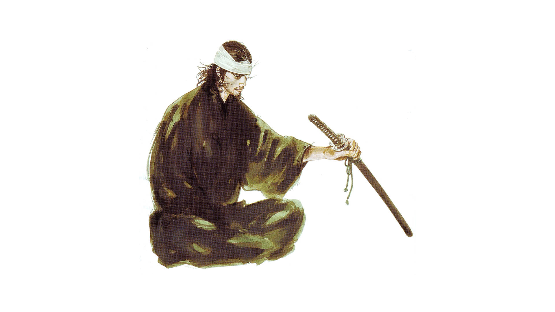 武士跪著手持武士刀，背景白色