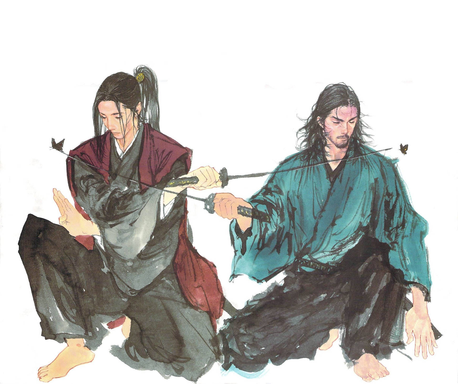 兩名身穿傳統長袍的武士在蝴蝶飛舞的附近用劍決鬥。