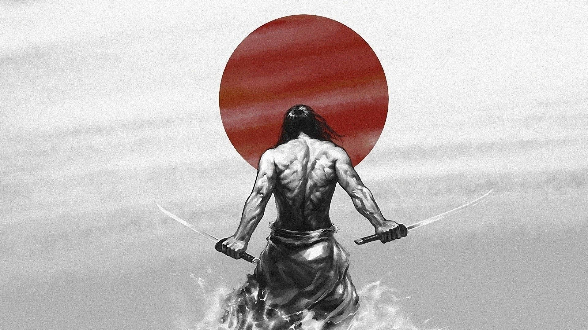 肌肉發達的武士戰士手持兩把劍，背景為紅太陽。