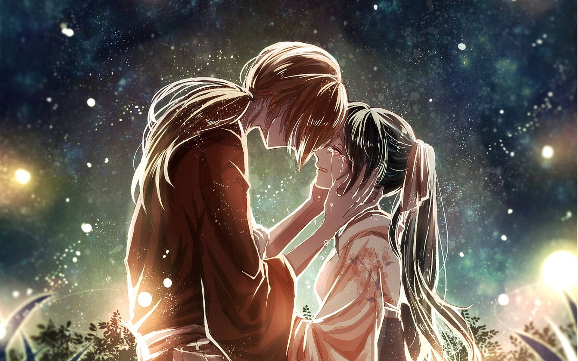 《浪客劍心》劍心與友人 Tomoe 情感插畫 壁紙 — 兩位動畫戀人在繁星點點的夜空下，在閃爍燈光和柔和散景效果中溫柔擁抱。
