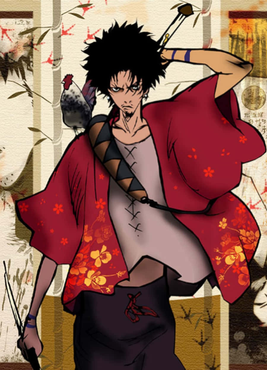 《浪客行》動畫繪畫圖 壁紙 — 一位兇猛的動漫戰士身穿紅色花卉和服，在帶有紋理的日式背景前揮舞著劍，表情堅定。