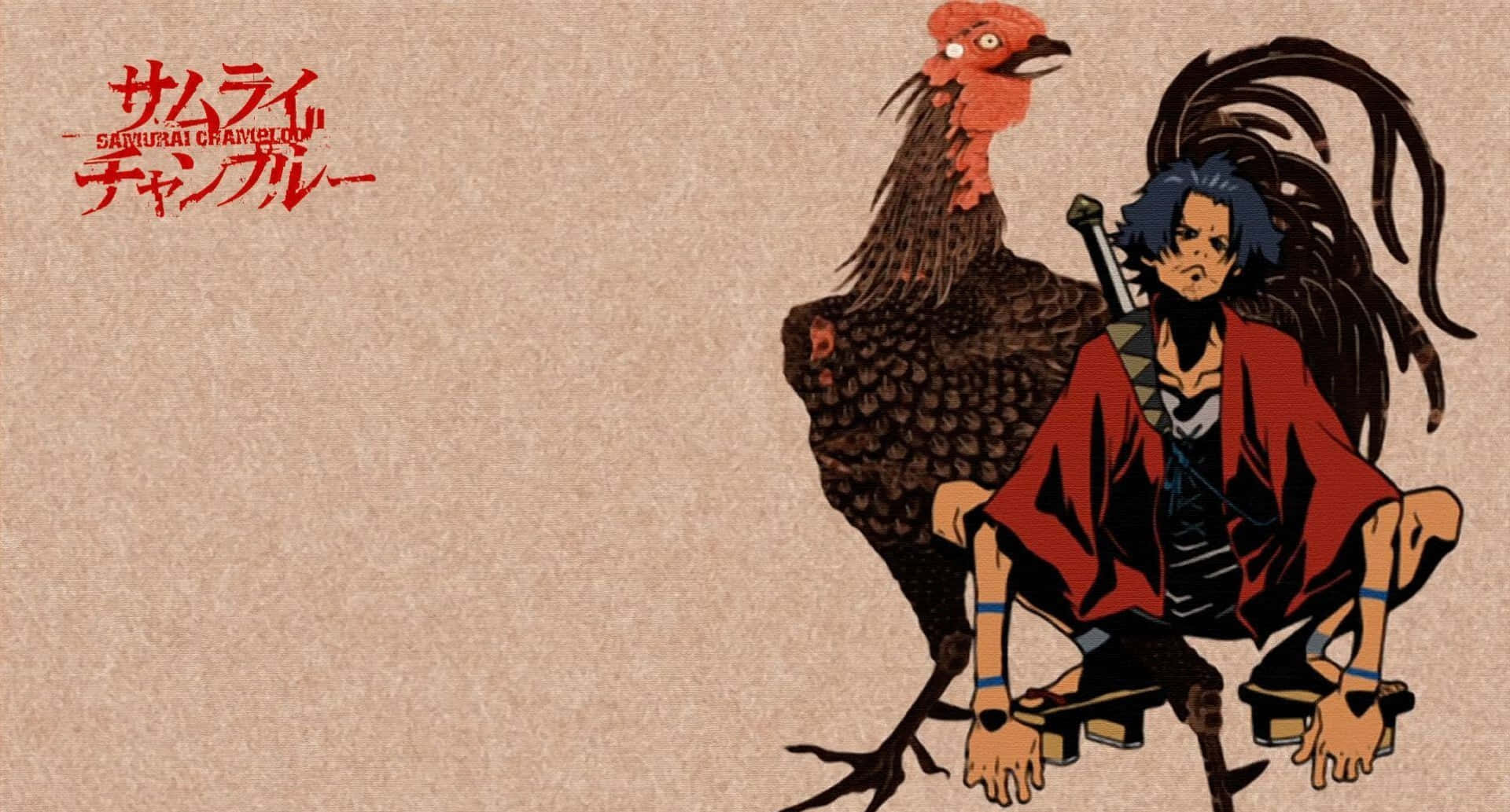 《浪客行》無限與公雞圖 壁紙 — 一個藍髮紅袍的武士坐在一隻大公雞旁邊，背景是帶紋理的米色。