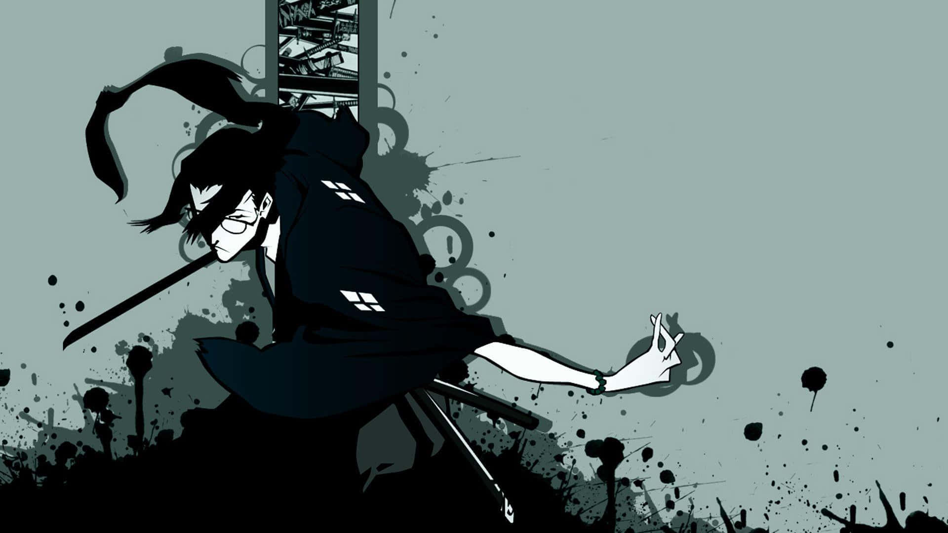 《浪客行》無限黑漸變攻擊圖 壁紙 — 一個動態的動漫武士穿著黑色長袍，在濺滿墨水的柔和青綠色背景前揮劍向前斬。