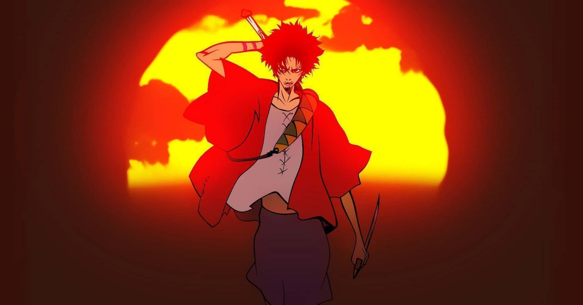 《浪客行》燃燒背景無限圖 壁紙 — 一位紅髮動漫戰士身穿飄逸的紅色長袍，挑釁地站在熾熱的橙色夕陽天空下。