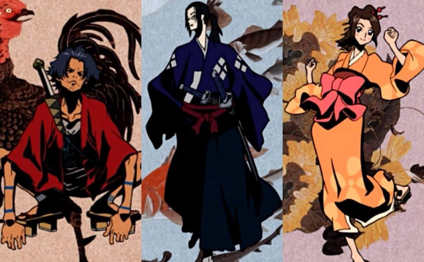 《浪客行》畫作圖 壁紙 — 三個穿著傳統日本服飾的動漫角色，站在風格化的背景前，帶有粗獷的筆觸和鮮豔的色彩。